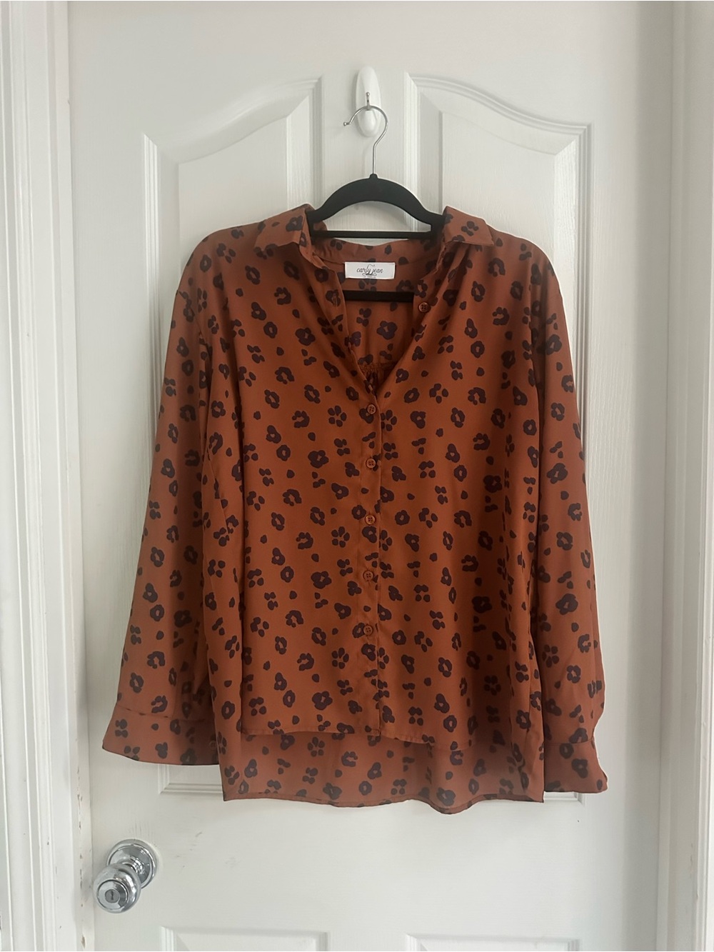 Carly Jean Los Angeles CJLA Rust Leopard-Spot Button Front Blouse